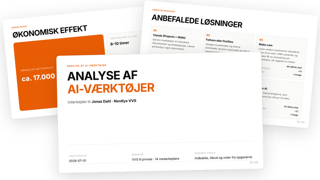 Slides fra en rigtig AI-værktøjsanalyse: forsiden, de anbefalede værktøjer og den økonomiske effekt